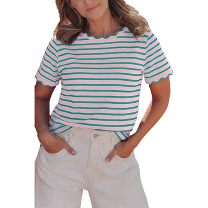 Women's Top Stripe Scalloped Trim Round Neck T Shirt