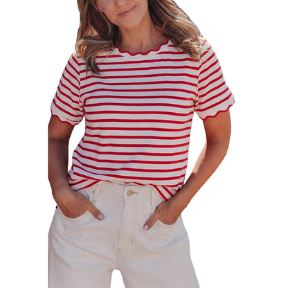 Women's Top Stripe Scalloped Trim Round Neck T Shirt
